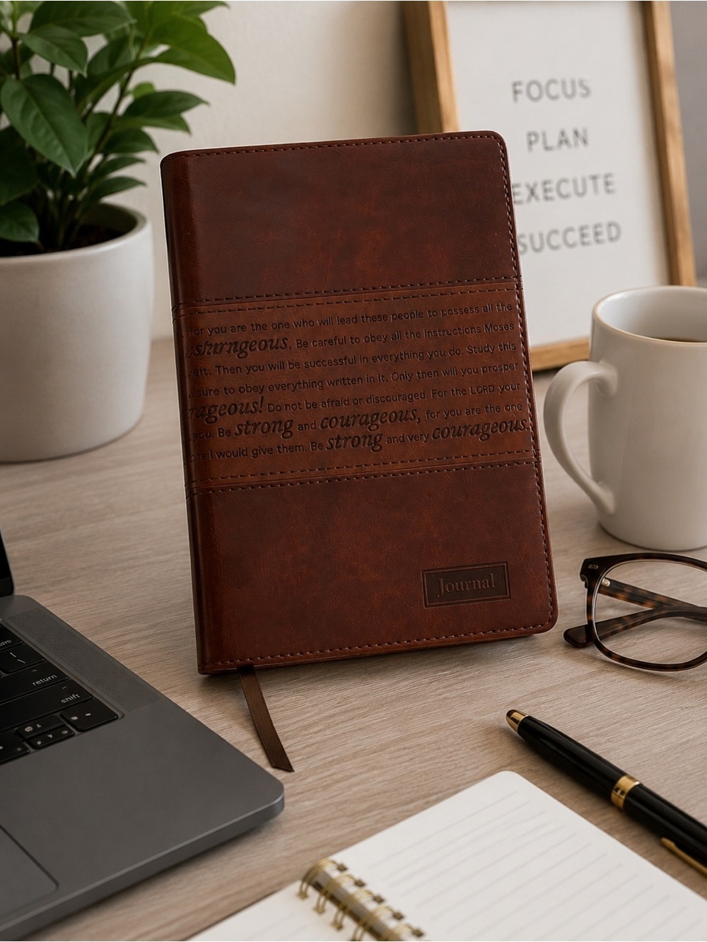 Inspirational Christian Journal Leather Notebook | “Be Strong & Courageous”